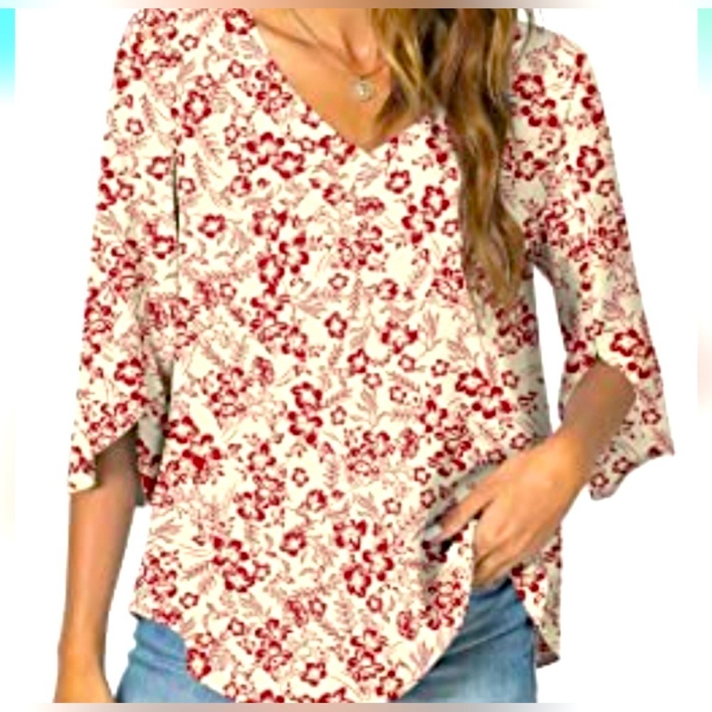 Taohuadao Blouse V Neck 3/4 Sleeve Floral Tunic Sz 3XL
